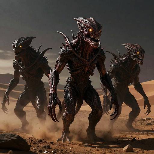 CGI image of three dark, menacing, spiked alien creatures with glowing yellow eyes walking in a desert under a dark, cloudy sky.