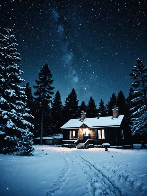 Snowy Cabin Under Starry Night Sky