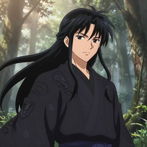 Anime-style digital drawing of a serious-looking man with long black hair, wearing a black kimono with intricate patterns, standing in a misty forest.