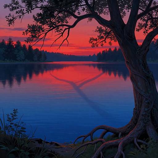 Photograph of a serene lake at sunset, with a silhouetted tree in the foreground, reflecting vibrant red and purple skies, and dark forest
