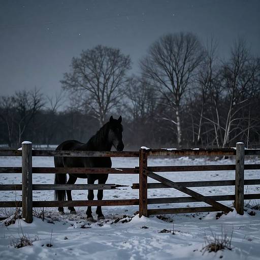 Photograph of a dark, silhouetted horse standing in a snow-covered field behind a wooden fence at night, with leafless trees and a