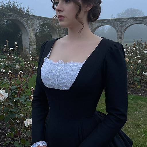 Photograph of a fair-skinned woman in a black Victorian-style dress with white lace bodice, standing in a misty garden with roses, and