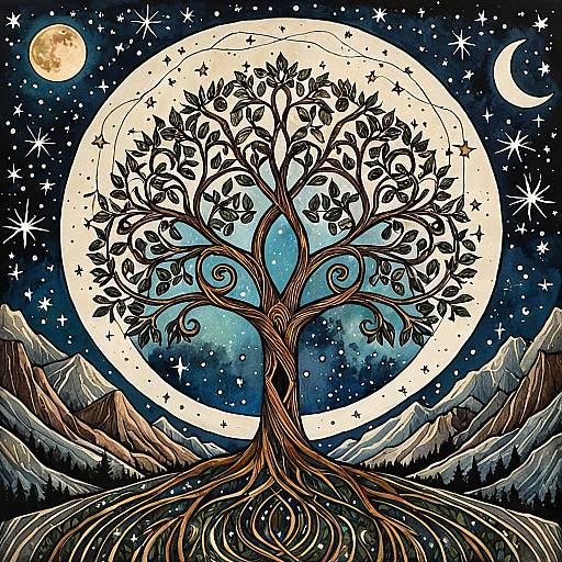 Whimsical Tree of Life in Starry Night