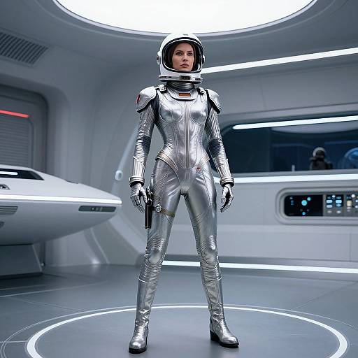 Photograph of a woman in a silver, futuristic spacesuit with a helmet, standing confidently in a high-tech, white-walled spaceship room.
