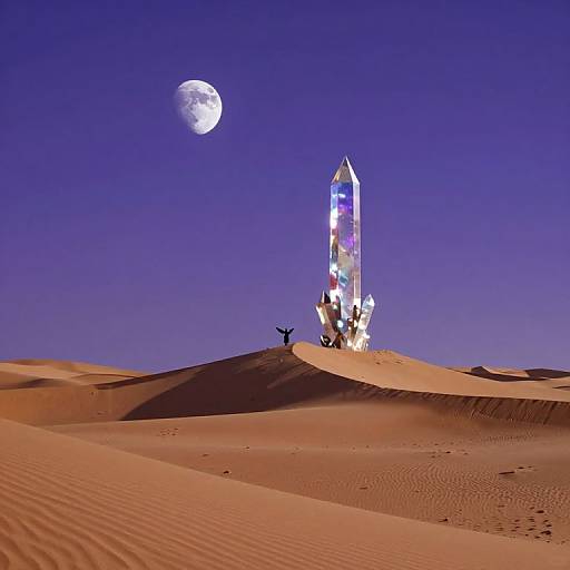 Photograph of a futuristic, glowing tower on a desert dune under a clear, dark blue sky with a full moon.