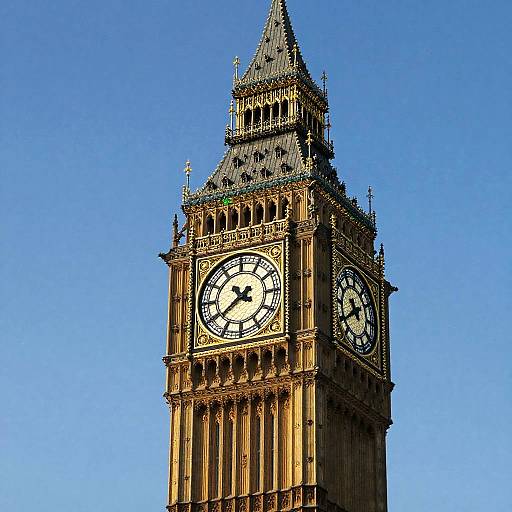 Photograph of the iconic Big Ben clock tower against a clear blue sky, showcasing its detailed Gothic architecture and prominent clock faces.