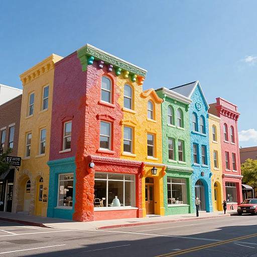 Photograph of a row of brightly colored, three-story buildings on a sunny street corner, featuring vivid red, yellow, green, blue, and orange