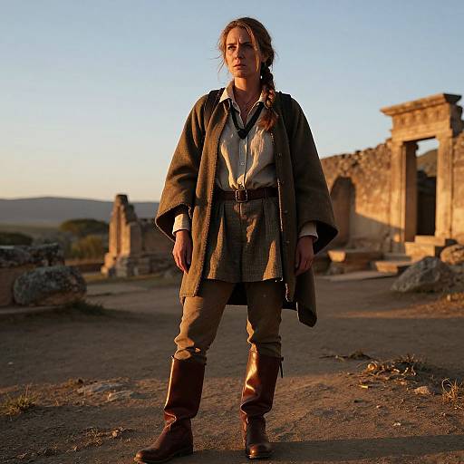 Photograph of a rugged, long-haired woman in medieval attire with a brown cloak, white shirt, and brown boots, standing in a sunlit,