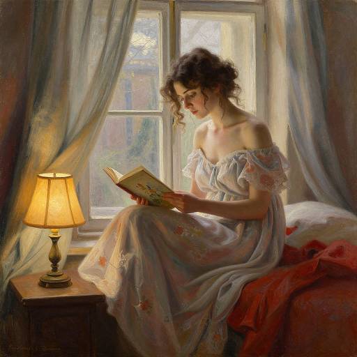 Romantic painting of a curly-haired woman in a white floral off-shoulder dress, reading by a warm-lit lamp beside a sunlit window