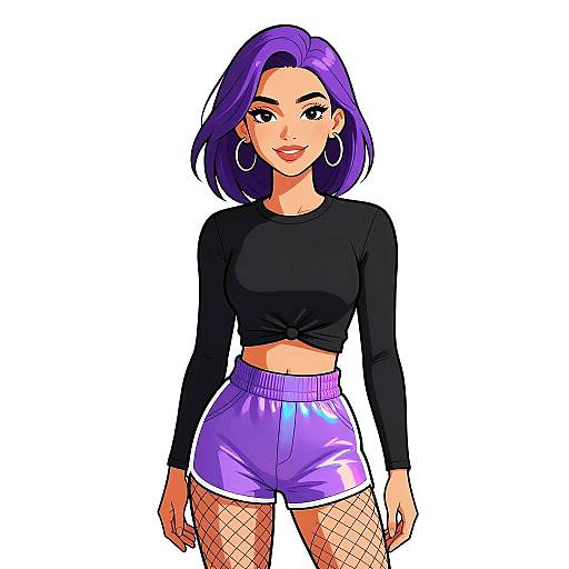 Digital anime-style drawing of a smiling woman with purple hair, wearing a black long-sleeve crop top, purple shorts, fishnet stockings, and