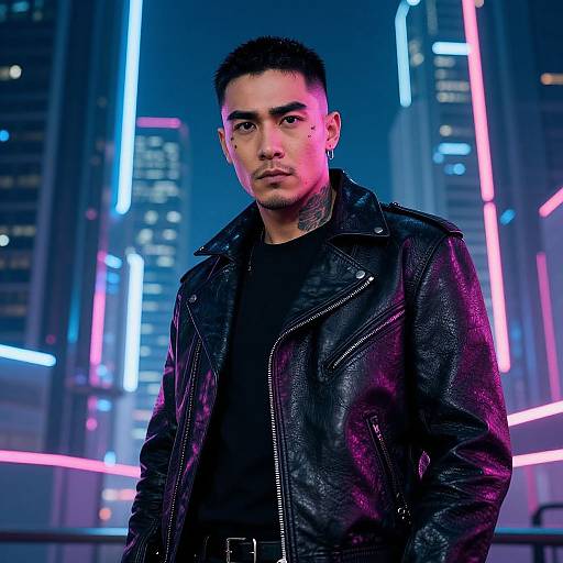 Photograph of a young man with short black hair, wearing a black leather jacket, standing in a neon-lit urban cityscape at night. His