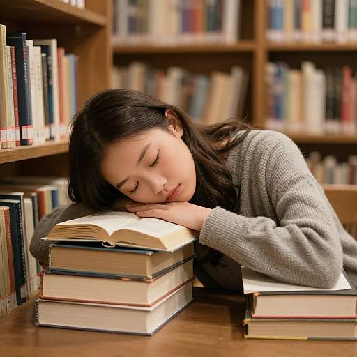 Asian woman with long black hair, wearing a gray sweater, asleep on open book stack in library, surrounded by wooden bookshelves. Photographic image