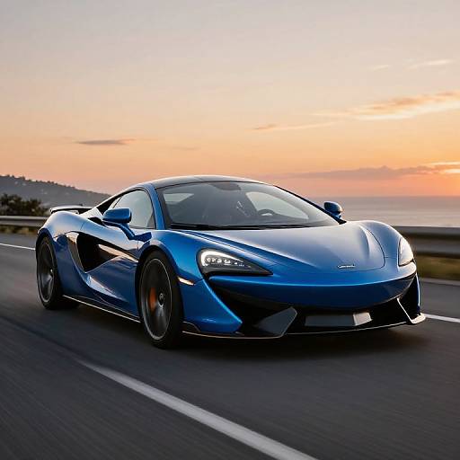 Photograph of a sleek, blue Lamborghini Huracán speeding on a highway at sunset, with its headlights on and a vibrant orange-pink sky