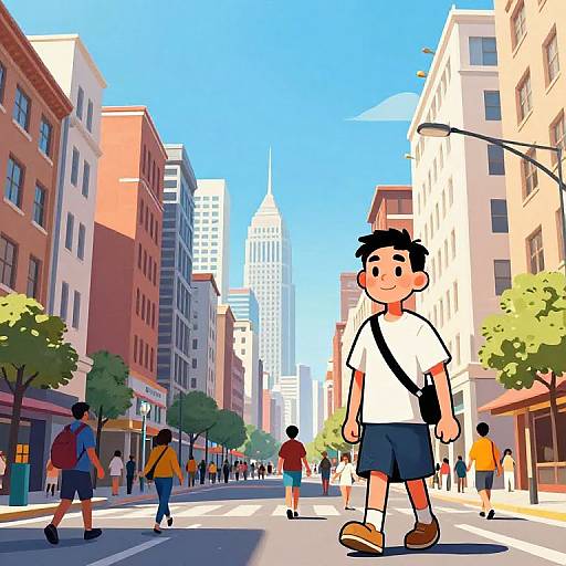 Digital illustration of a sunny urban street with diverse pedestrians, a young boy in a white shirt and shorts walking, and a tall skyscraper in the background