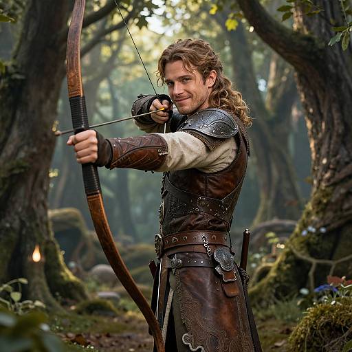 Photograph of a long-haired, bearded archer in medieval armor, drawing a wooden bow in a misty, forested woodland. Bright light