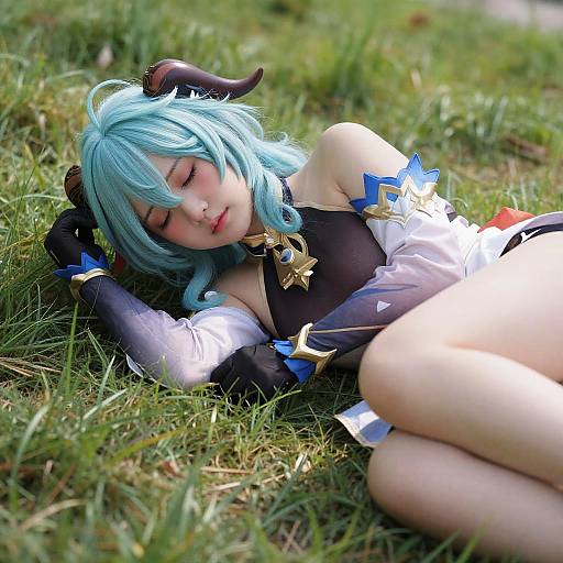 Photograph of a young woman with turquoise hair and black horns, sleeping in grass, wearing a black and white cosplay outfit with gold accents and blue trim