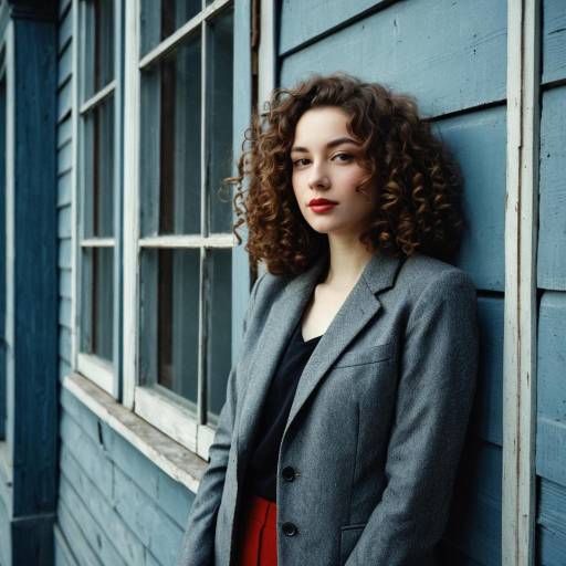 Curly Hair Woman in Gray Blazer