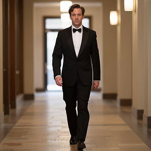 Man in Tuxedo Walking Hall