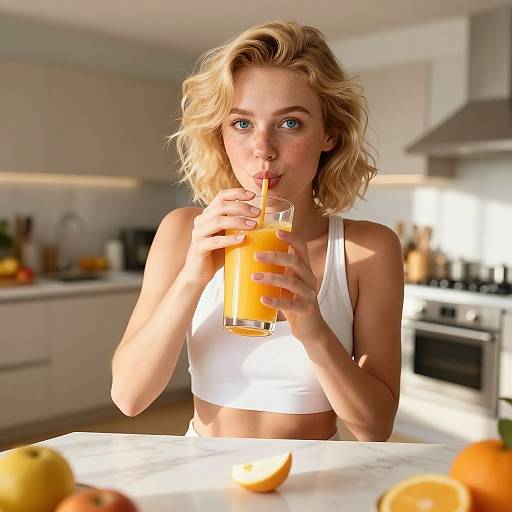Photograph of a blonde woman with wavy hair, wearing a white sports bra, drinking orange juice in a modern kitchen.