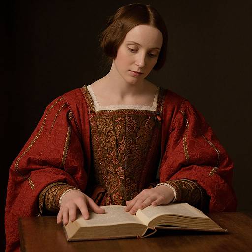 Photograph of a pale-skinned woman with dark brown hair in a medieval red dress, delicately reading an open book on a wooden table against a
