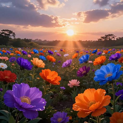 Vibrant photograph of a sunset-lit field filled with blooming orange, blue, purple, and red poppies, with sunlight rays shining through