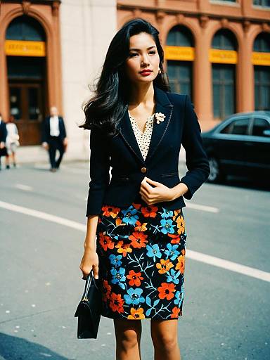 Chic woman in floral pencil skirt and tailored blazer