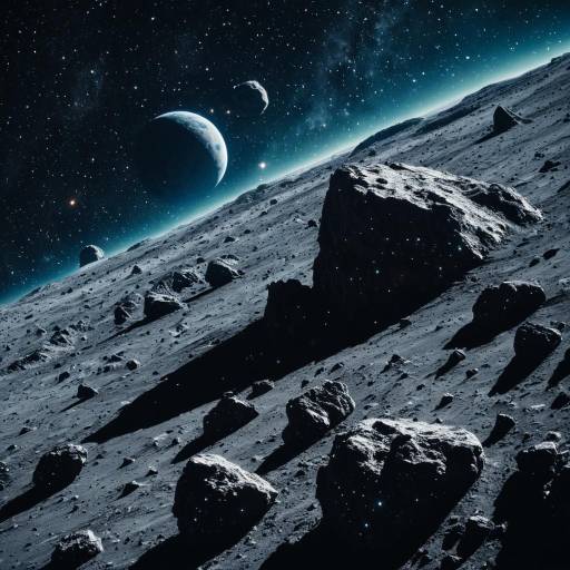 Asteroid Field Surface with Distant Planet and Stars