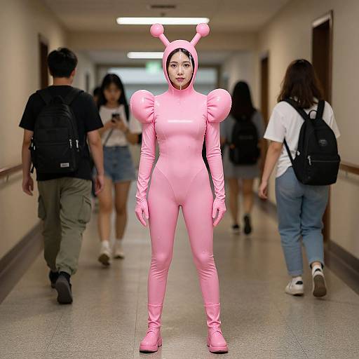 Photograph of an Asian woman in a pink, latex, bunny costume with puffed sleeves and headpiece, standing in a school hallway, with other