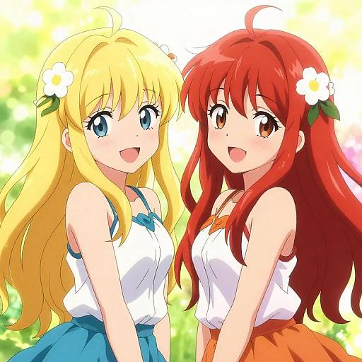 Anime-style digital drawing of two cute girls with large eyes, blonde and red hair, wearing white tops and blue/orange skirts, smiling, with flowers
