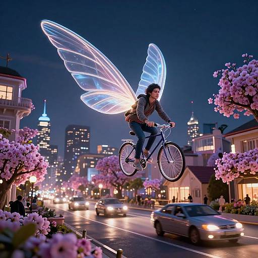Futuristic Flying Bicycles in Blooming City