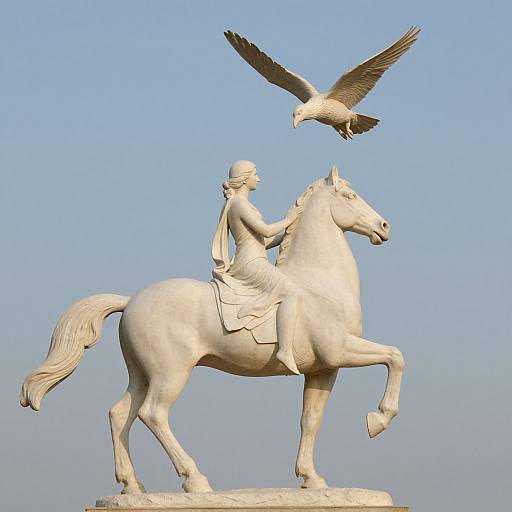 Photograph of a white marble statue of a rider on a rearing horse, with a seagull flying above against a clear blue sky.
