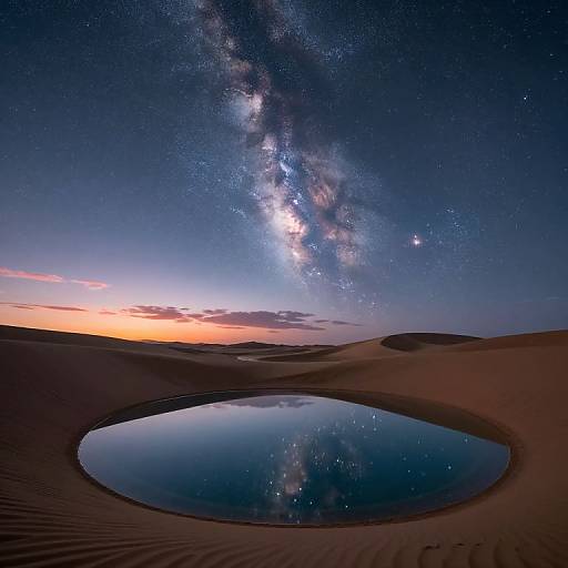 Photograph of a desert night sky with a reflective oasis pool, Milky Way galaxy visible, stars scattered, orange sunset glow on horizon, sand dunes