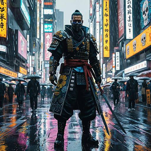 Cyberpunk Samurai in Rainy Futuristic Shibuya