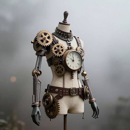 Photograph of a steampunk mannequin with gears, clock, black gloves, white pants, brown belt, and metallic armatures, set