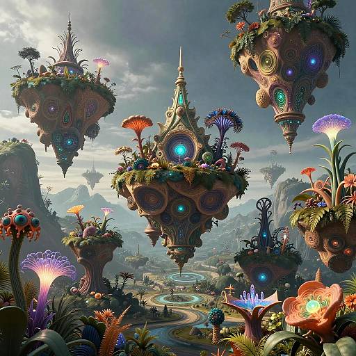 Fantastical CGI landscape with floating, ornate, glowing plant-covered orbs amidst vibrant, colorful flowers, towering mushrooms, and winding path in a mystical