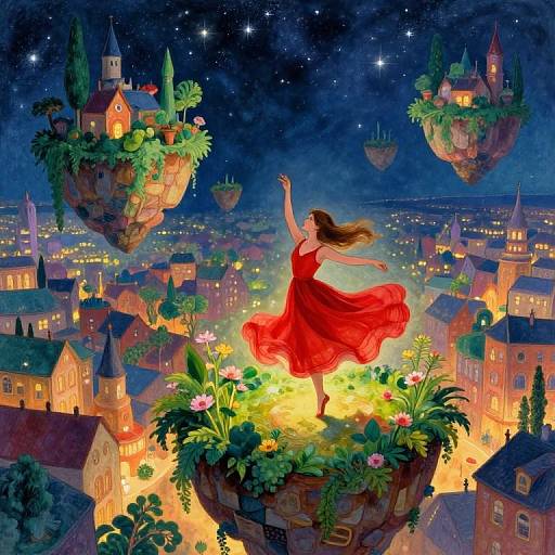 Dreamy digital painting of a woman in a flowing red dress, arms raised, standing on a floating garden above a glowing, starry fairy-tale
