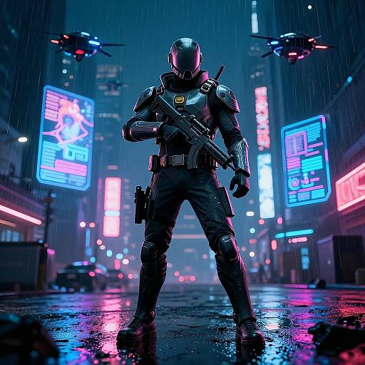 Cyberpunk soldier in dark armor stands in rain-soaked neon-lit city street, holding gun, surrounded by glowing billboards, futuristic drones.