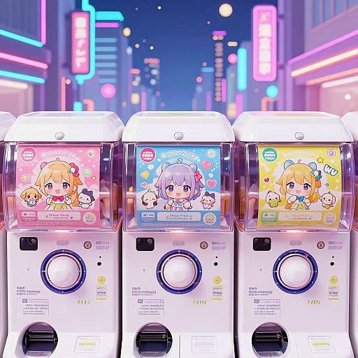 Digital illustration of three colorful, anime-style laundry machines with cute character decals, set in a neon-lit, futuristic city street at night.