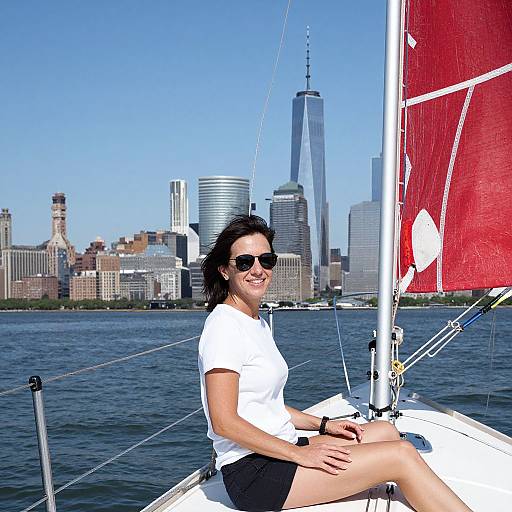 Smiling Woman Sailing with NYC Skyline
