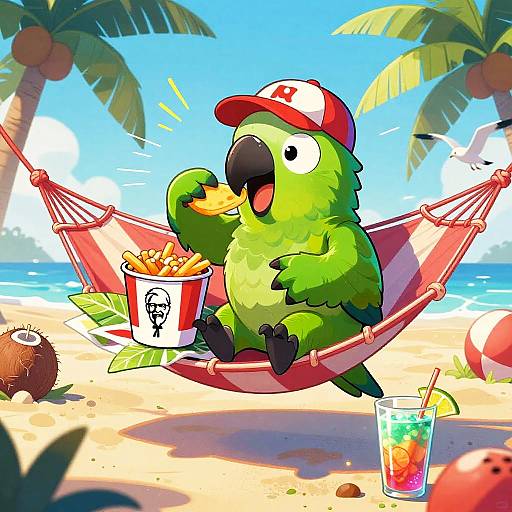 Amused Parrot Enjoying KFC at Beach