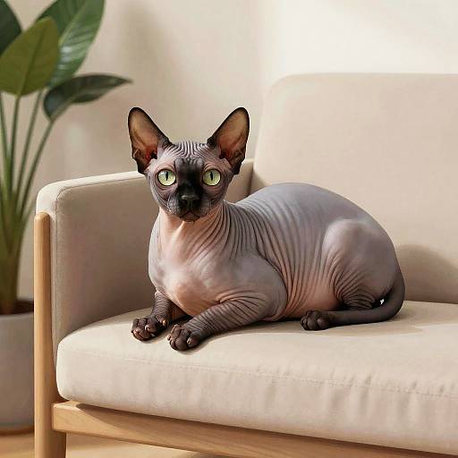 Photograph of a sleek, dark gray, wrinkled-skinned Sphynx cat with large ears and green eyes, lying on a cream-colored