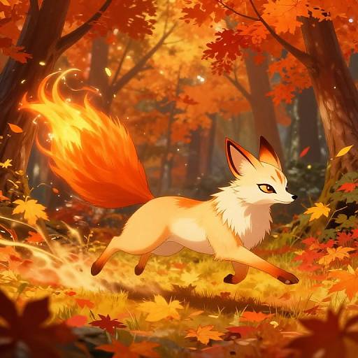 Digital illustration of a fox with a fiery tail, running through an autumn forest with vibrant orange and red leaves.