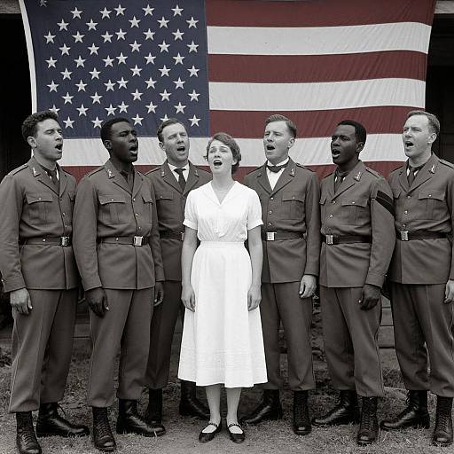 Black-and-white photograph of six men in military uniforms and one woman in a white dress, all with mouths open, standing in front of an American flag