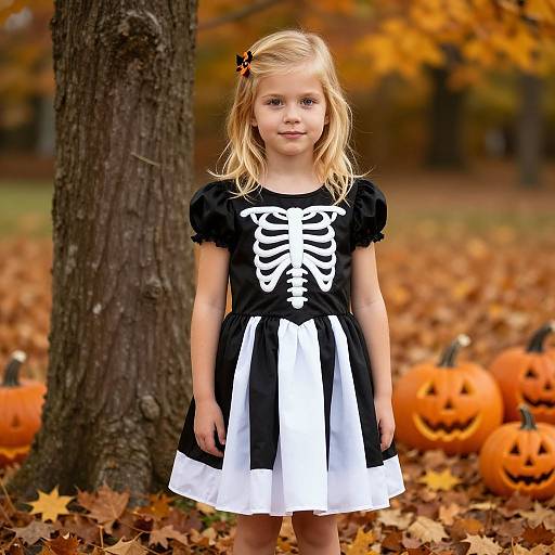 Autumn Halloween Girl with Skeleton Dress