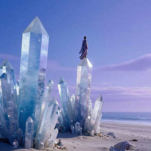 Photograph of a figure in flowing robe standing on a large crystalline structure, surrounded by glowing, ice-like crystals on a beach under a bright blue