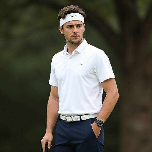 Photograph of a handsome, young male golfer with short brown hair, wearing a white Nike polo, white headband, black pants, white belt