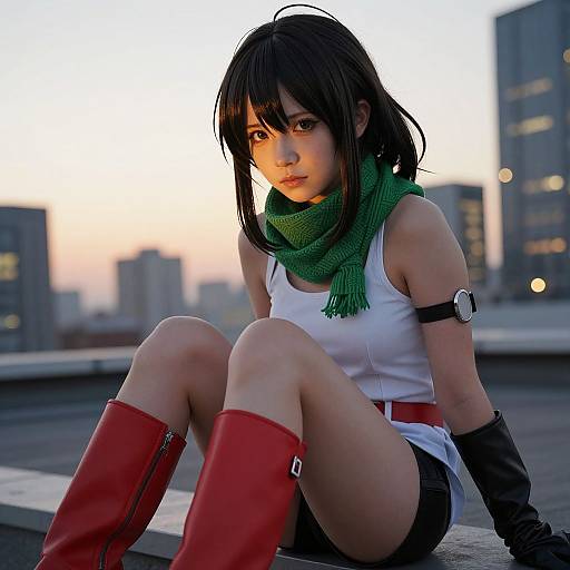 Digital anime-style photograph of a young woman with black hair, green scarf, white tank top, red boots, black shorts, and arm band, sitting