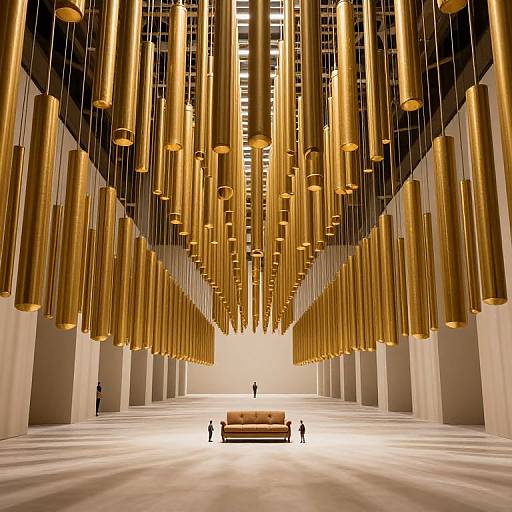 Photorealistic CGI image of a vast, white-walled hall with golden cylindrical hanging lights, centered brown sofa, and small silhouetted figures