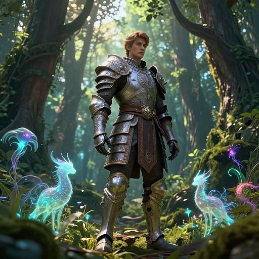 Photorealistic CGI of a muscular, blond, armored knight standing in a sunlit, enchanted forest with glowing, ethereal blue and purple faeries