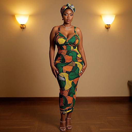 Photograph of a confident Black woman in a colorful, patterned, form-fitting dress, matching headwrap, and silver heels, standing in a